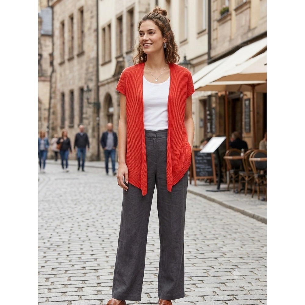 Eileen Fisher Petite Red 100% Linen Short Sleeve Open Front Cardigan PM S3FLL-4